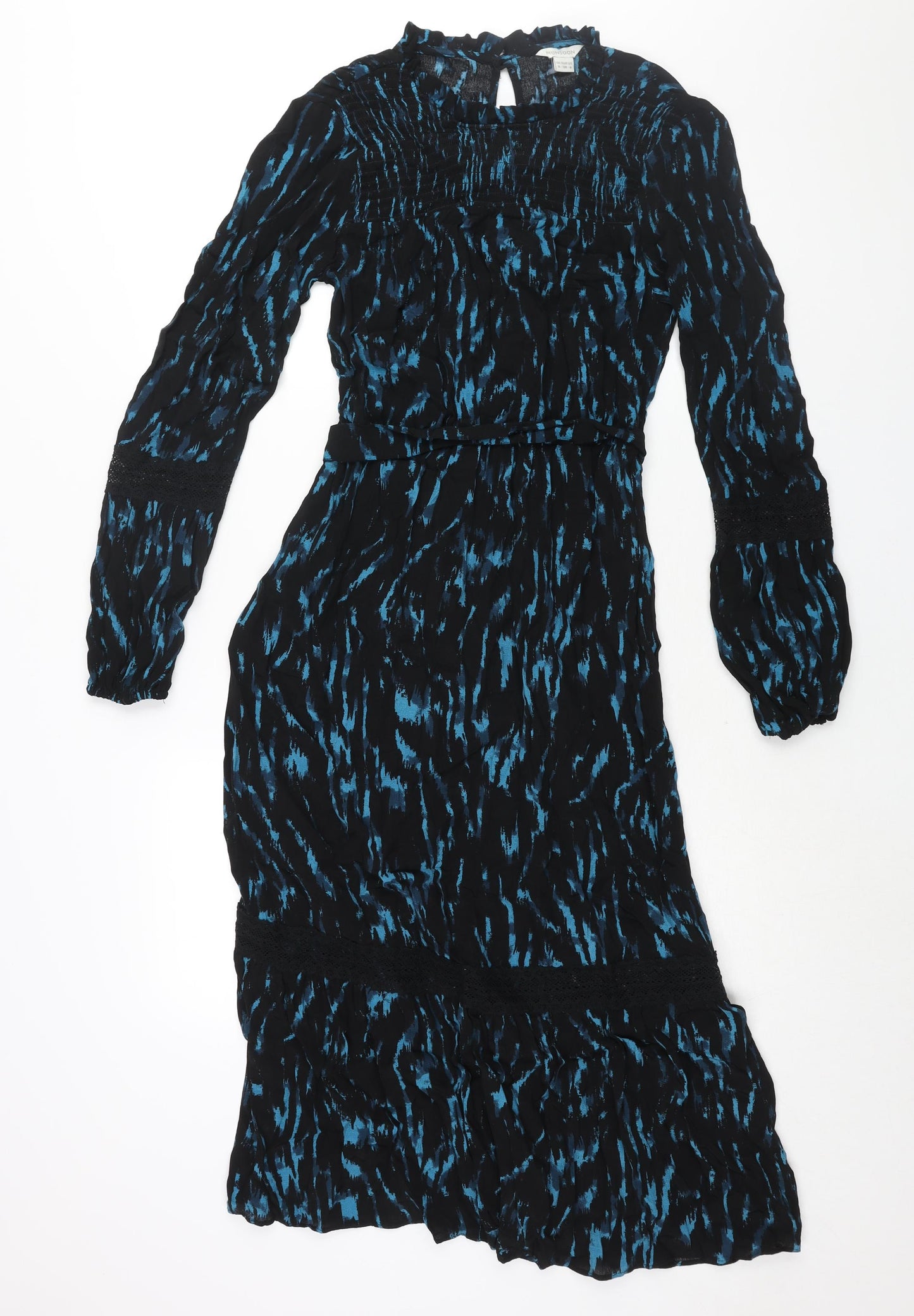 Monsoon Womens Black Geometric Viscose Shift Size 8 Mock Neck Button - Lace Detail