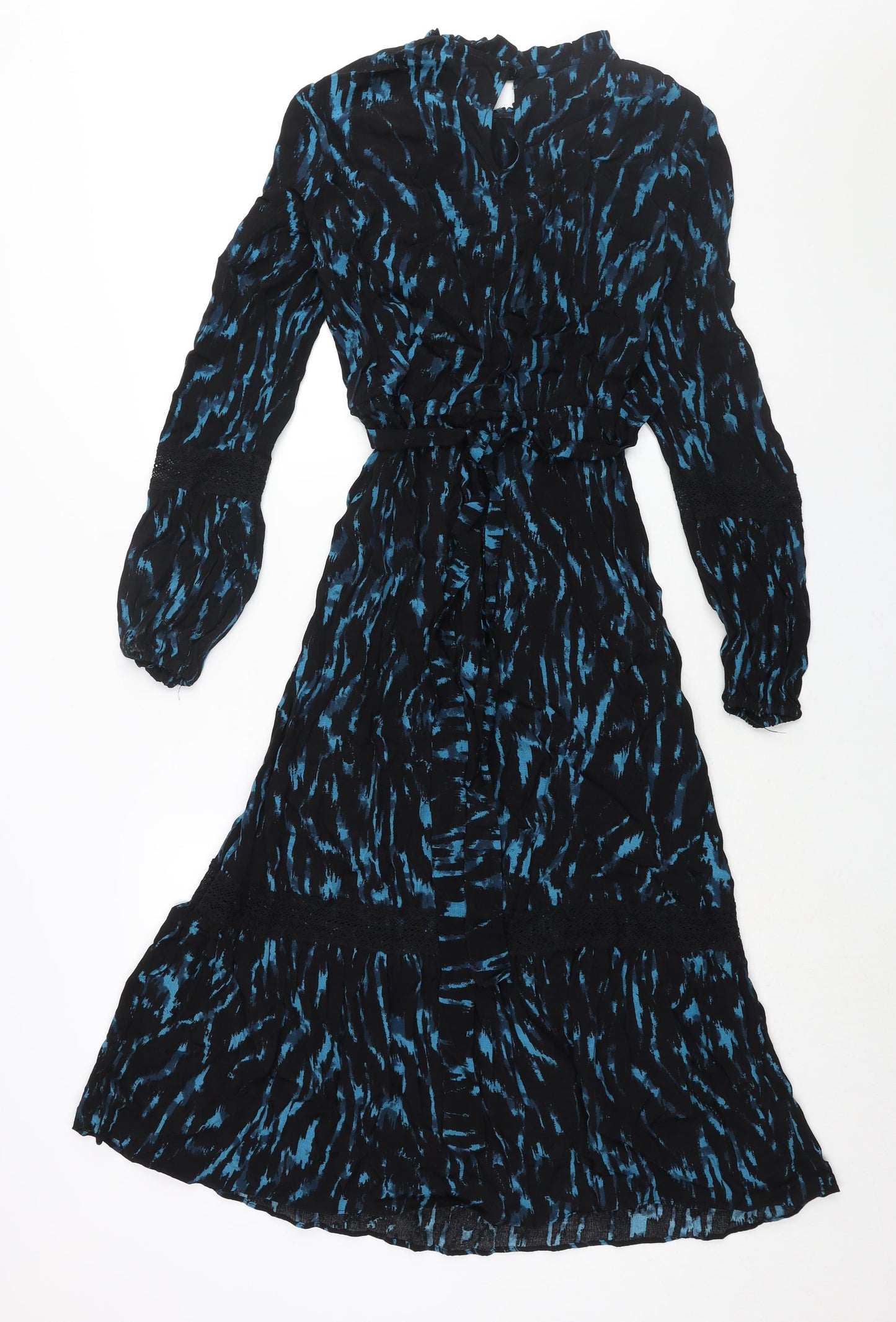 Monsoon Womens Black Geometric Viscose Shift Size 8 Mock Neck Button - Lace Detail