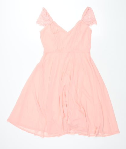 Boohoo Womens Pink Polyester Fit & Flare Size 12 V-Neck Zip - Lace Sleeve