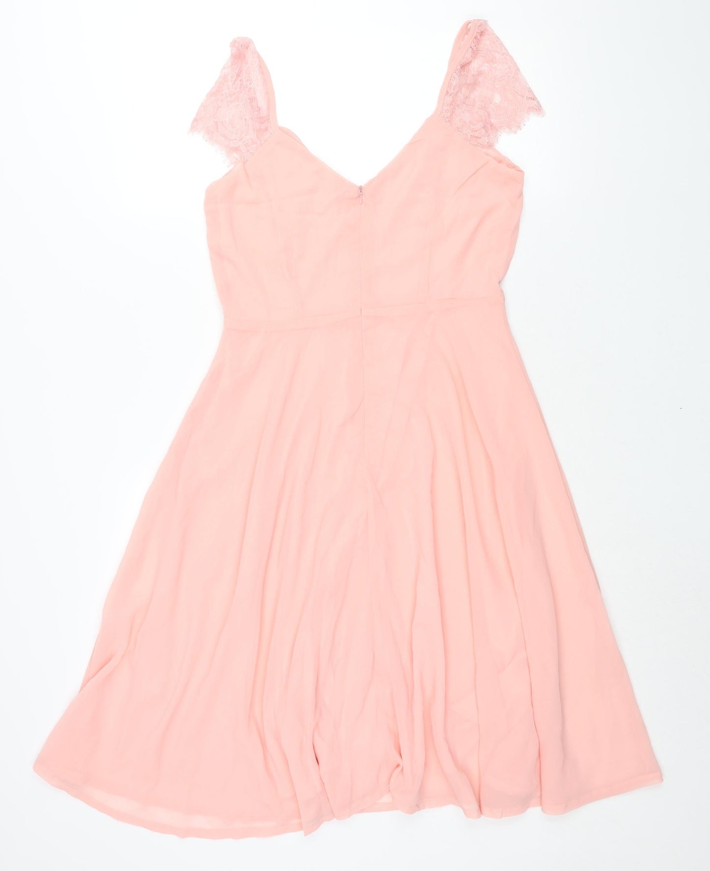 Boohoo Womens Pink Polyester Fit & Flare Size 12 V-Neck Zip - Lace Sleeve