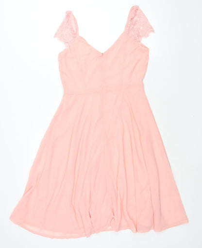 Boohoo Womens Pink Polyester Fit & Flare Size 12 V-Neck Zip - Lace Sleeve