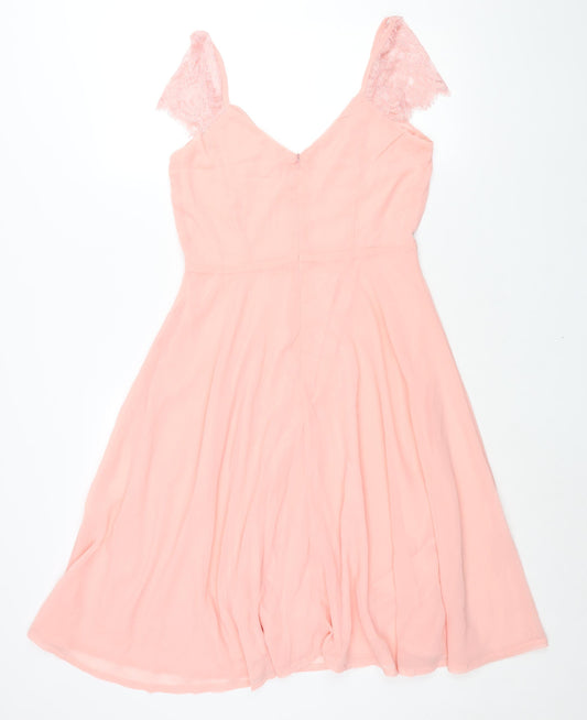 Boohoo Womens Pink Polyester Fit & Flare Size 12 V-Neck Zip - Lace Sleeve