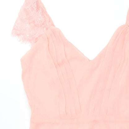 Boohoo Womens Pink Polyester Fit & Flare Size 12 V-Neck Zip - Lace Sleeve