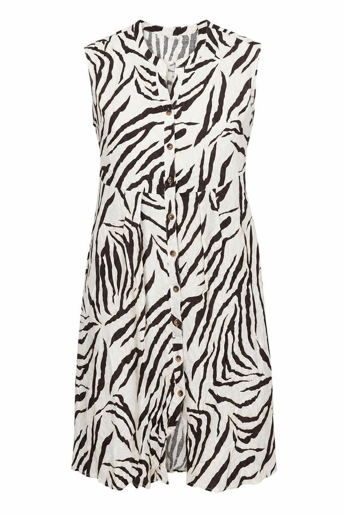 Front view of BPC Selection women’s beige animal print linen shift, size UK 20, v-neck zip - tiger print