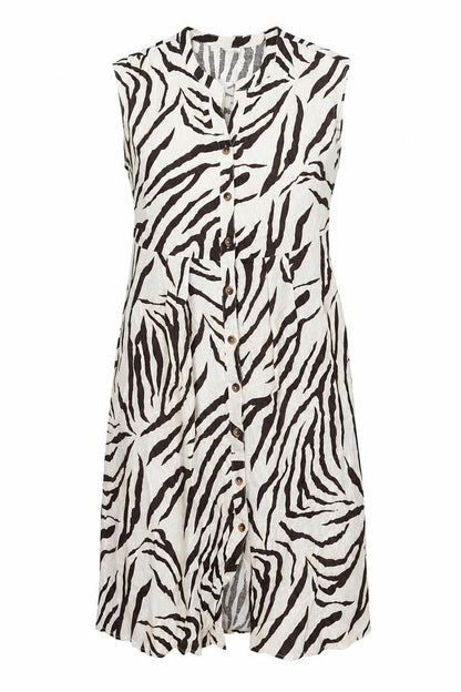 Front view of BPC Selection women’s beige animal print linen shift, size UK 20, v-neck zip - tiger print