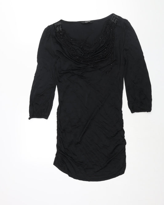 Julien Macdonald Womens Black Polyester Mini Size 12 Scoop Neck Pullover - Rouched Tassle Beading Detail