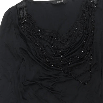 Julien Macdonald Womens Black Polyester Mini Size 12 Scoop Neck Pullover - Rouched Tassle Beading Detail