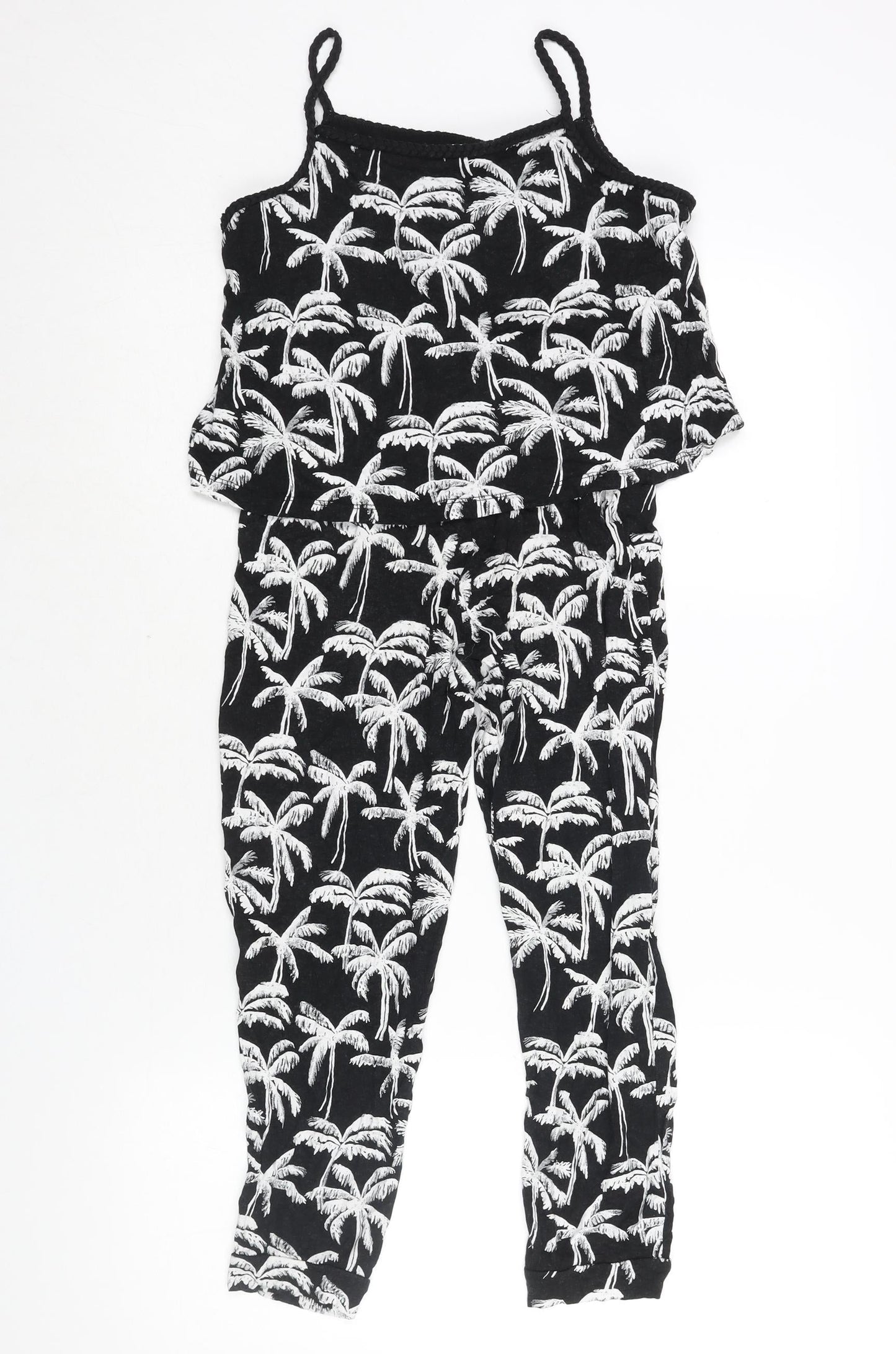 H&M Girls Black Geometric Viscose Jumpsuit One-Piece Size 10-11 Years L19 in Pullover - Palm Tree Print