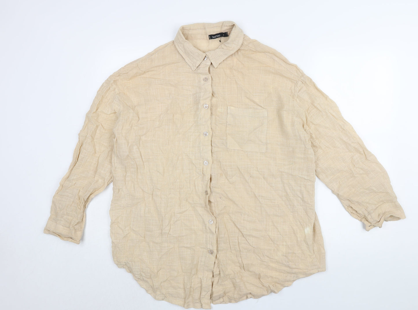 Boohoo Womens Beige Cotton Basic Button-Up Size M Collared