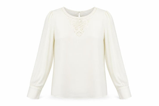 Marks & Spencer Womens Ivory Polyester Basic Blouse Size 10 Round Neck - Lace Detail