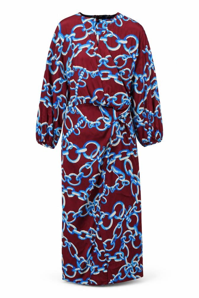 Zara Womens Red Geometric Polyester Maxi Size S V-Neck Button - Chain Print