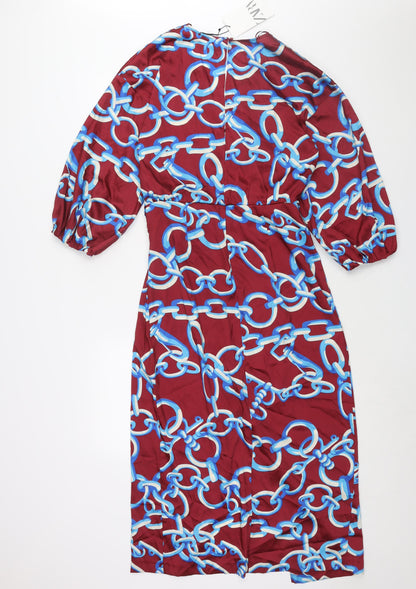 Zara Womens Red Geometric Polyester Maxi Size S V-Neck Button - Chain Print