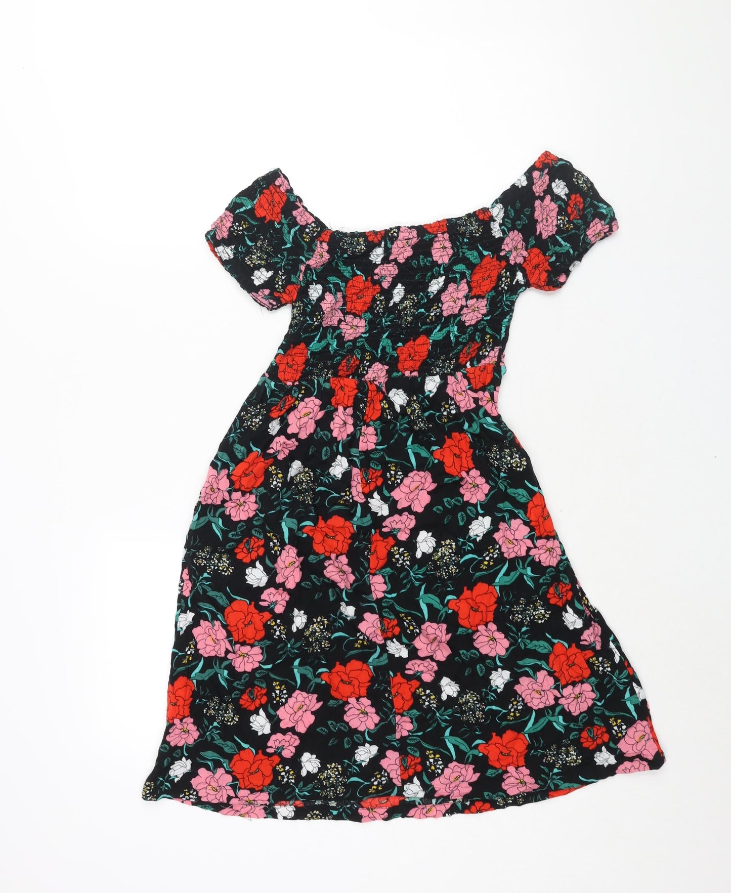 Pimkie Womens Multicoloured Floral Viscose A-Line Size XS Boat Neck Pullover - Rouched Bodice