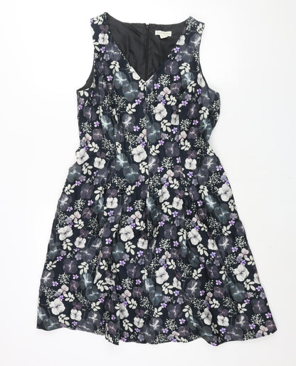 Monsoon Womens Multicoloured Floral Cotton Fit & Flare Size 14 V-Neck Zip