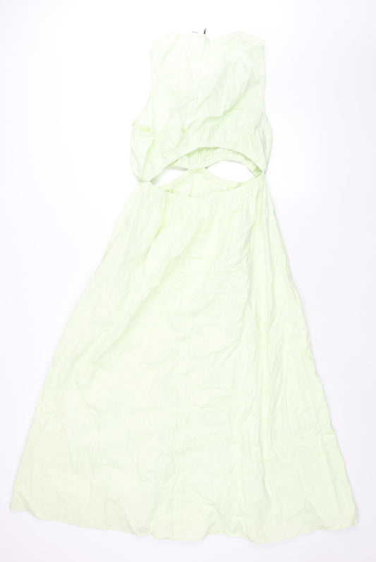 Zara Womens Green Cotton Shift Size L V-Neck Pullover - Rouched Cut Out