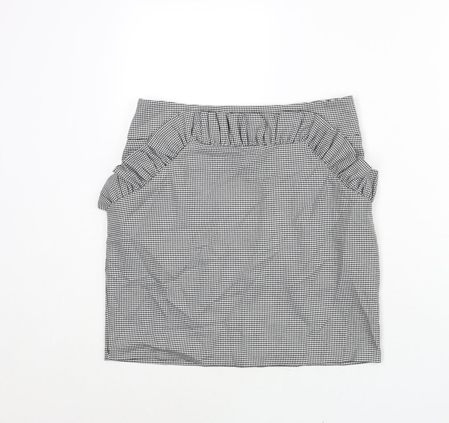 H&M Womens Black Check Polyester Mini Skirt Size 12 Zip - Houndstooth Frill