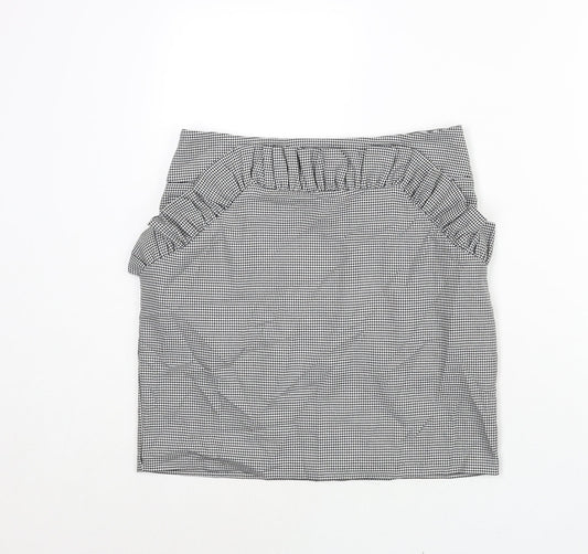 H&M Womens Black Check Polyester Mini Skirt Size 12 Zip - Houndstooth Frill