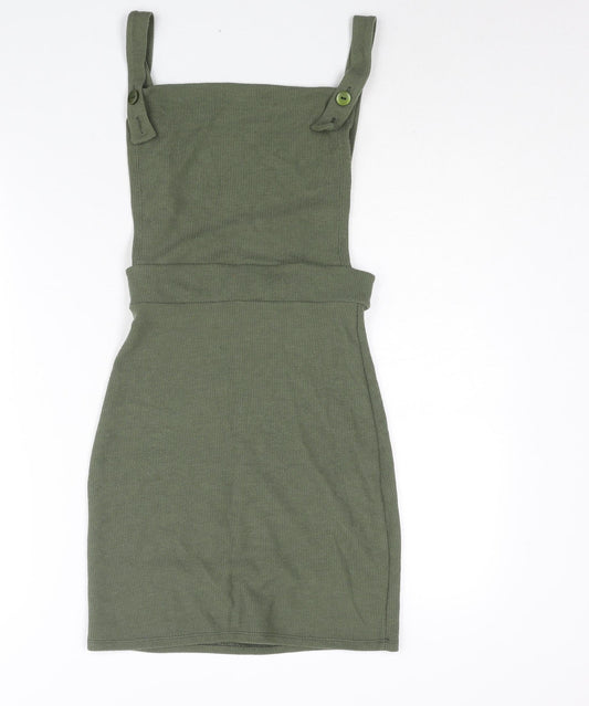 Additional front view of I SAW IT FIRST women’s green polyester pinafore/dungaree dress, square neck button - backless