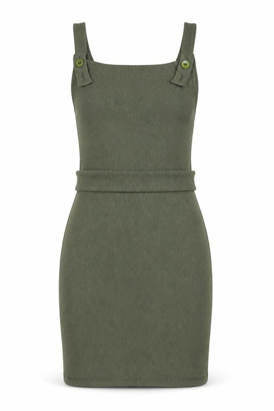Front view of I SAW IT FIRST women’s green polyester pinafore/dungaree dress, size UK 10, square neck button - backless