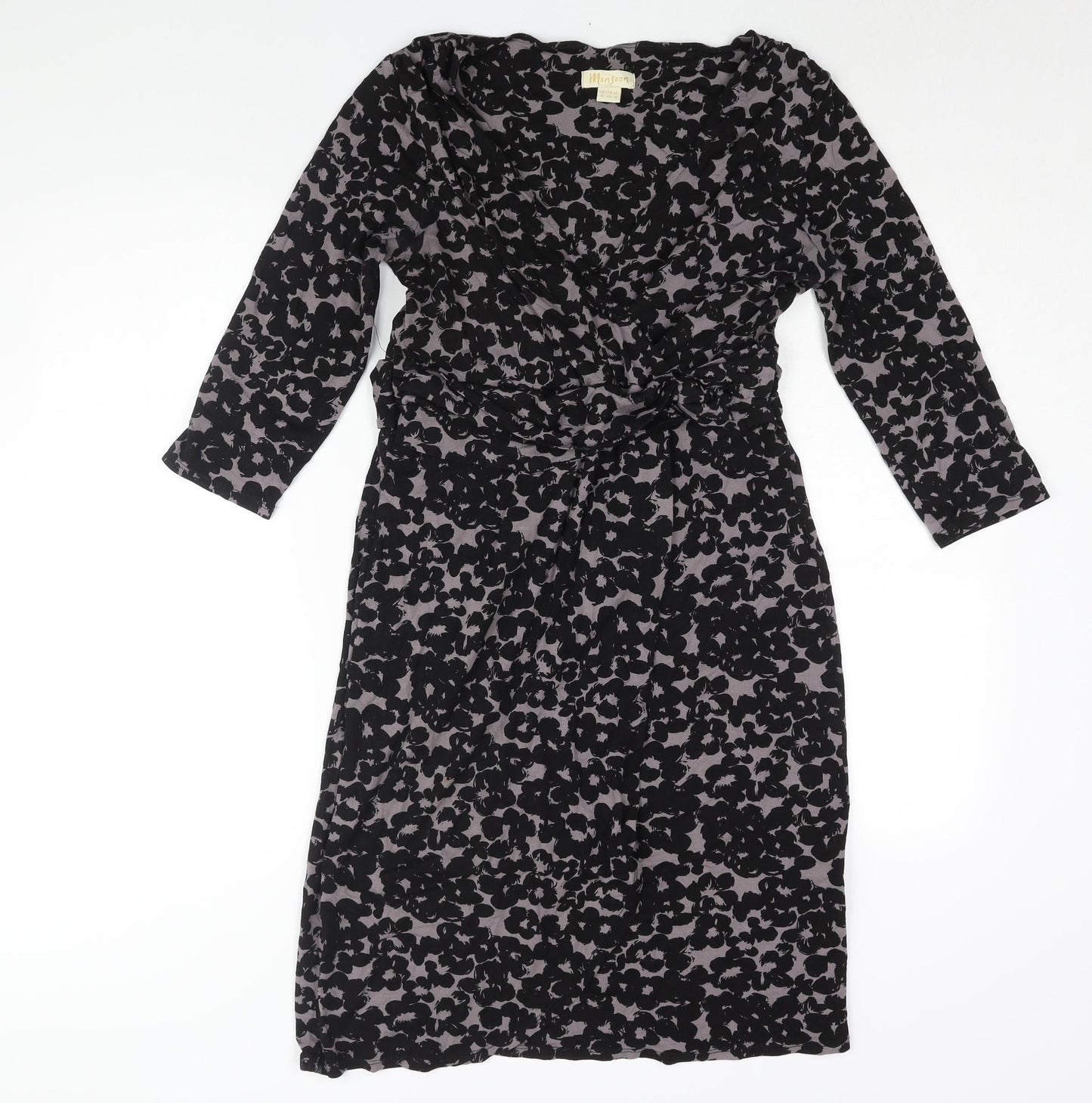 Monsoon Womens Black Geometric Viscose Shift Size 12 V-Neck Pullover - Belted