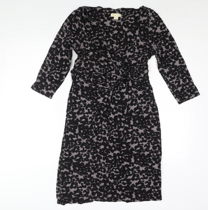 Monsoon Womens Black Geometric Viscose Shift Size 12 V-Neck Pullover - Belted