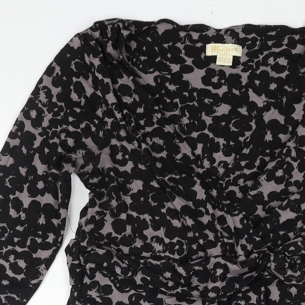 Monsoon Womens Black Geometric Viscose Shift Size 12 V-Neck Pullover - Belted