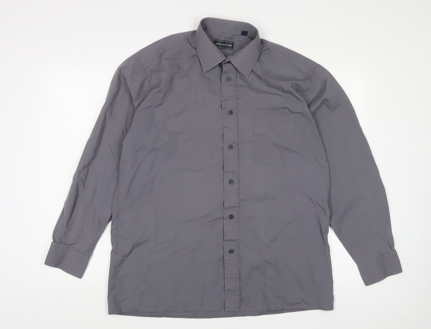 Peter England Mens Grey Cotton Button-Up Size 16 Collared Button