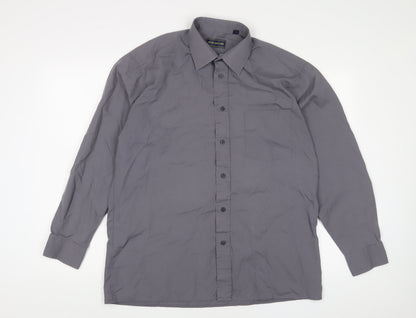 Peter England Mens Grey Cotton Button-Up Size 16 Collared Button