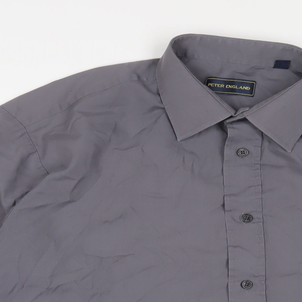Peter England Mens Grey Cotton Button-Up Size 16 Collared Button