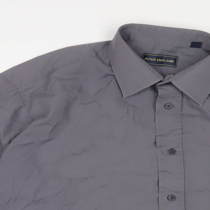 Peter England Mens Grey Cotton Button-Up Size 16 Collared Button