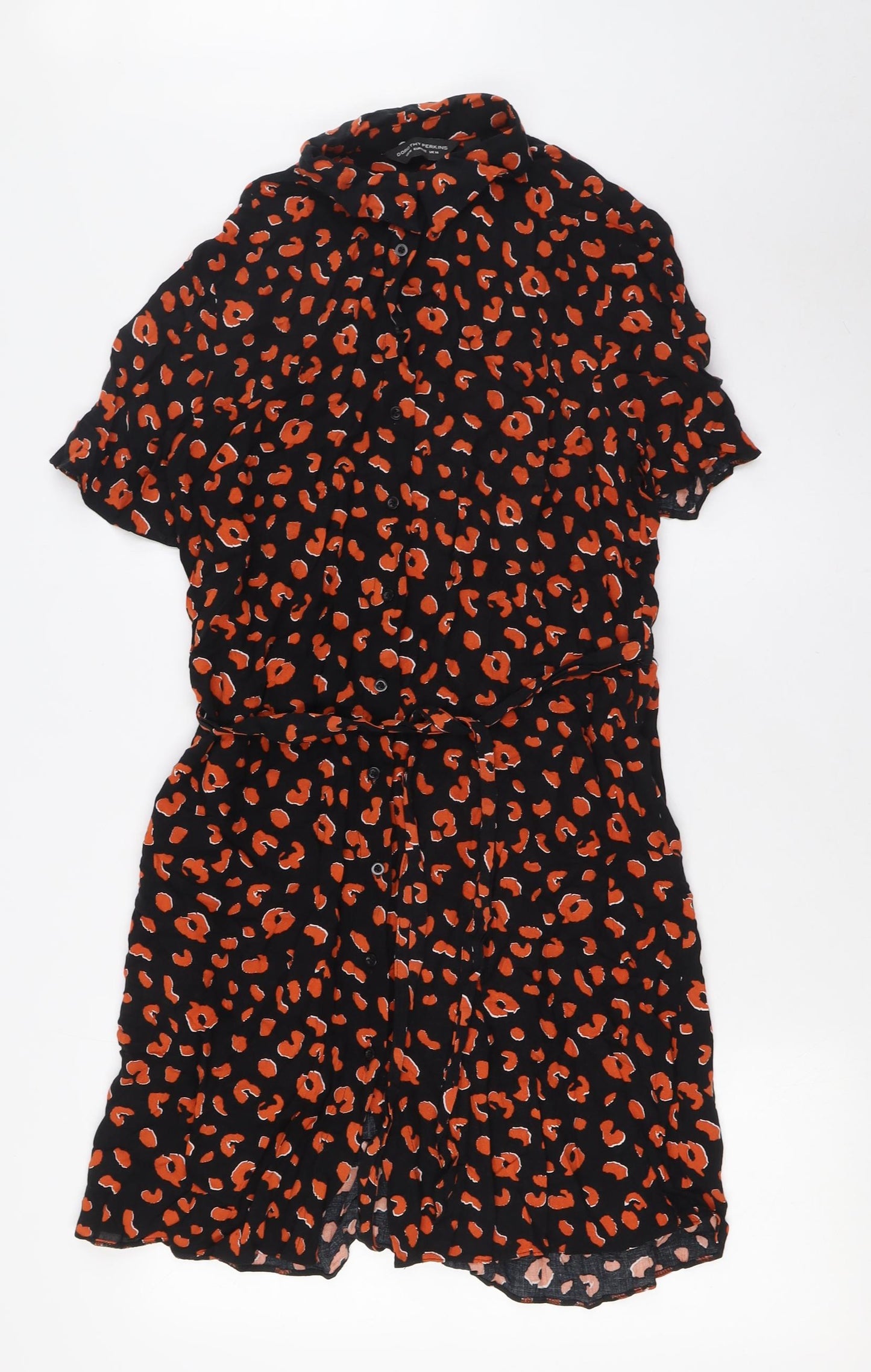 Dorothy Perkins Womens Black Animal Print Viscose A-Line Size 14 Collared Button