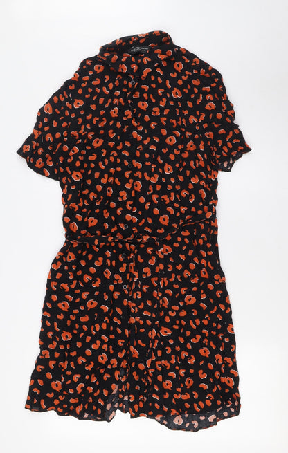 Dorothy Perkins Womens Black Animal Print Viscose A-Line Size 14 Collared Button