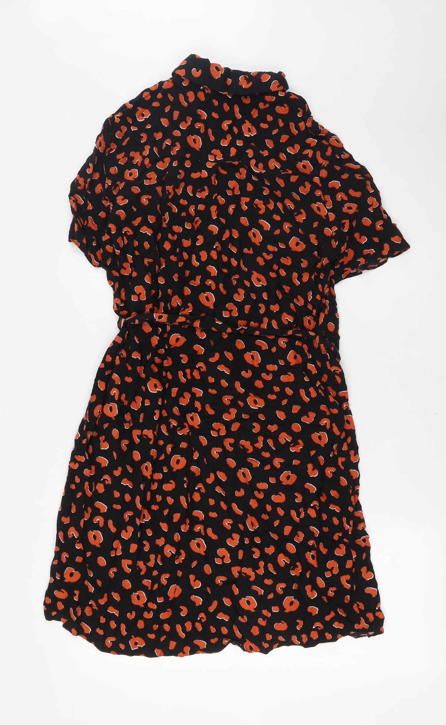 Dorothy Perkins Womens Black Animal Print Viscose A-Line Size 14 Collared Button