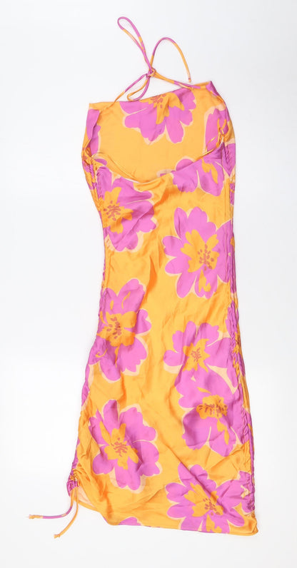 Bershka Womens Orange Floral Polyester A-Line Size XS Scoop Neck Tie - Pink Flowers