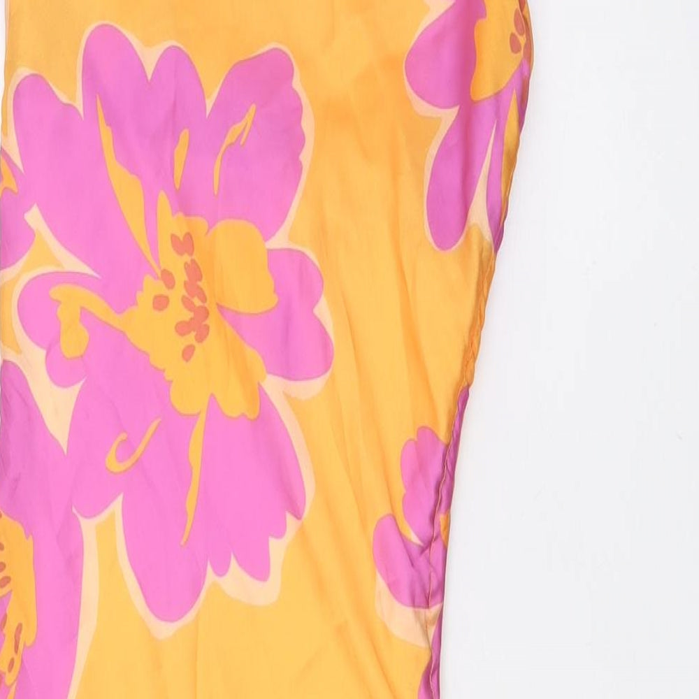 Bershka Womens Orange Floral Polyester A-Line Size XS Scoop Neck Tie - Pink Flowers