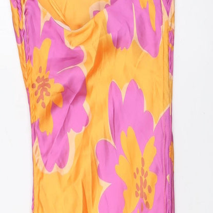 Bershka Womens Orange Floral Polyester A-Line Size XS Scoop Neck Tie - Pink Flowers