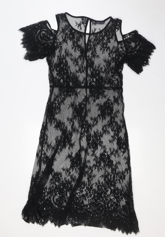 Marks and Spencer Womens Black Polyamide A-Line Size 10 Round Neck - Lace, Cold Shoulder