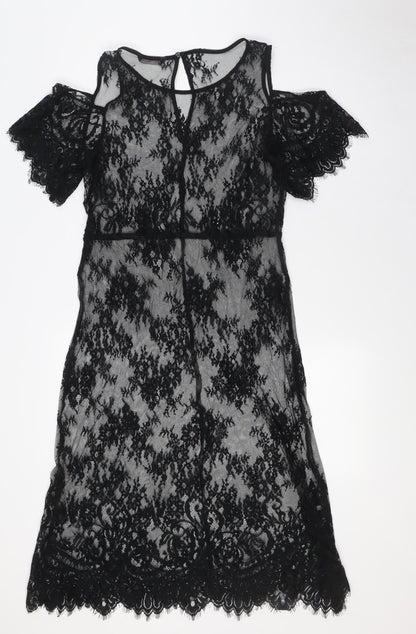 Marks and Spencer Womens Black Polyamide A-Line Size 10 Round Neck - Lace, Cold Shoulder