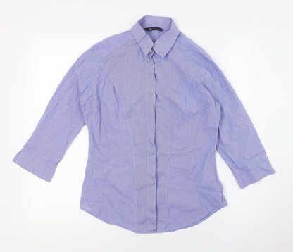 Marks and Spencer Womens Blue Striped Cotton Basic Button-Up Size 8 Collared