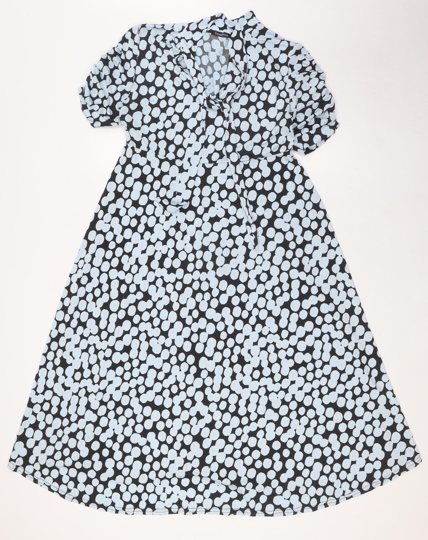 Boohoo Womens Blue Polka Dot Polyester A-Line Size 12 Mock Neck Tie