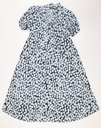 Boohoo Womens Blue Polka Dot Polyester A-Line Size 12 Mock Neck Tie