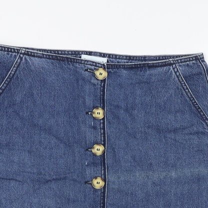 Warehouse Womens Blue Cotton A-Line Skirt Size 14 Button