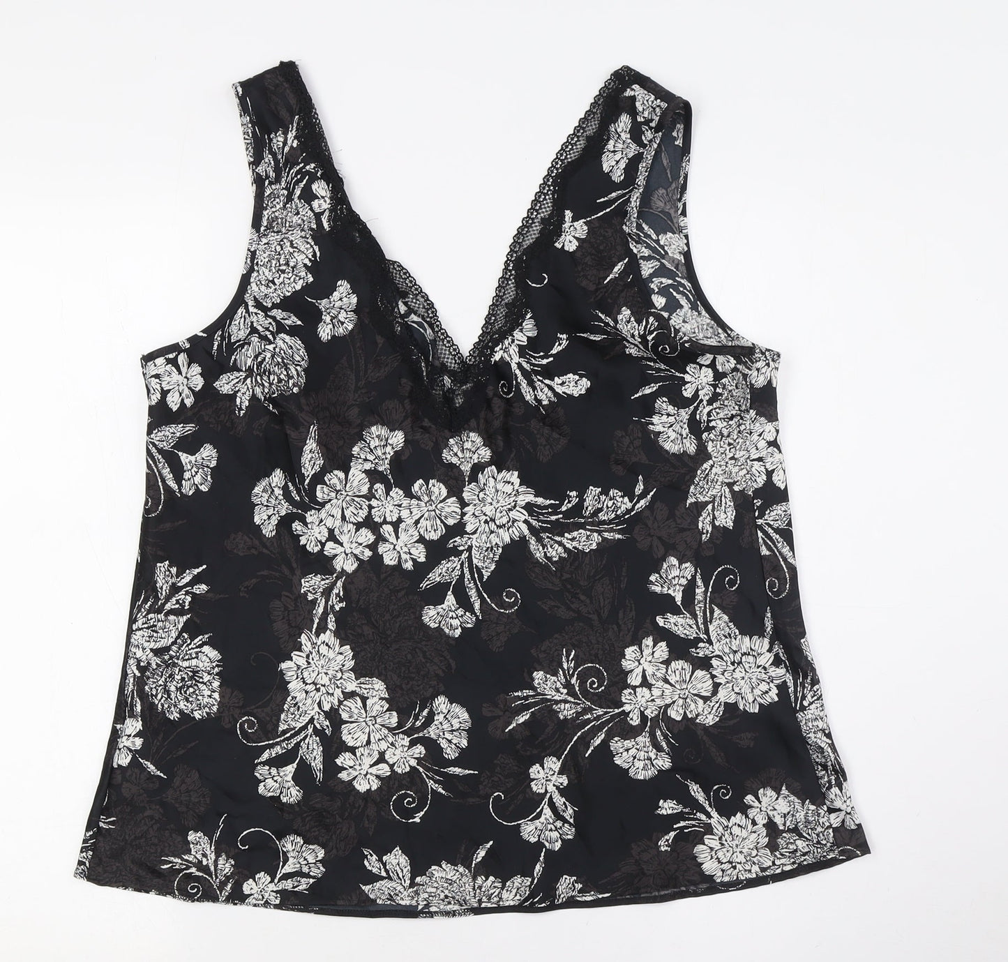 Marks and Spencer Womens Black Floral Polyester Cami Pyjama Top Size 14 - Lace Trim