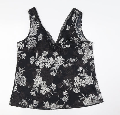 Marks and Spencer Womens Black Floral Polyester Cami Pyjama Top Size 14 - Lace Trim