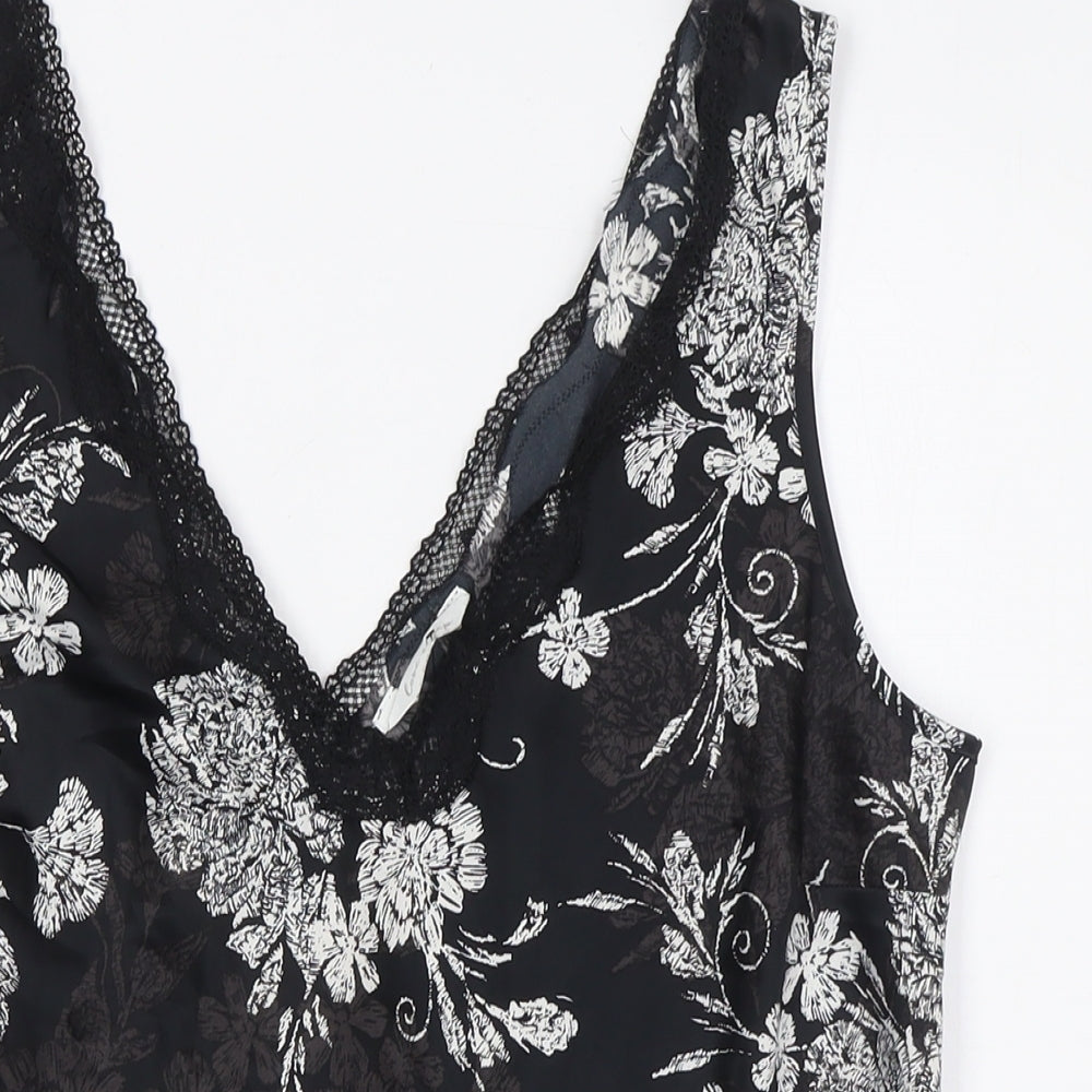 Marks and Spencer Womens Black Floral Polyester Cami Pyjama Top Size 14 - Lace Trim