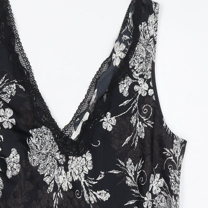 Marks and Spencer Womens Black Floral Polyester Cami Pyjama Top Size 14 - Lace Trim