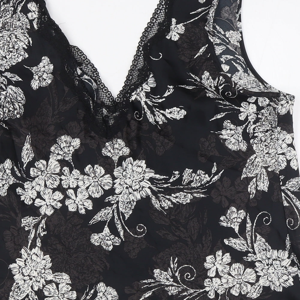 Marks and Spencer Womens Black Floral Polyester Cami Pyjama Top Size 14 - Lace Trim