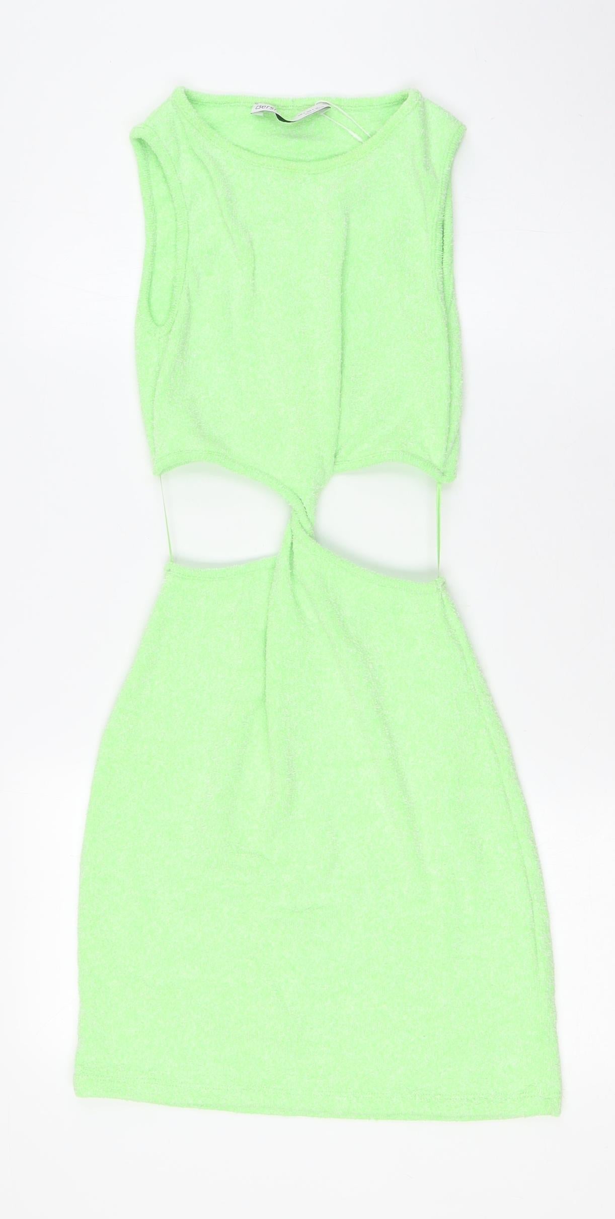 Bershka Womens Green Cotton Bodycon Size S Boat Neck - Knot Front