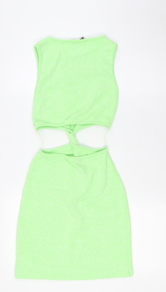 Bershka Womens Green Cotton Bodycon Size S Boat Neck - Knot Front