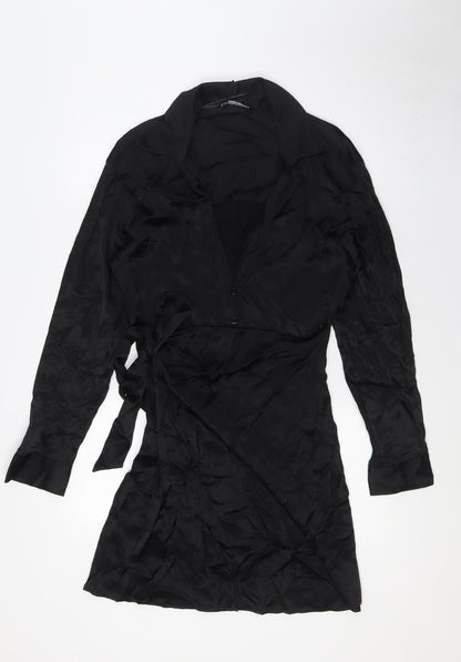 Zara Womens Black Viscose A-Line Size L Collared Button - Tie Front